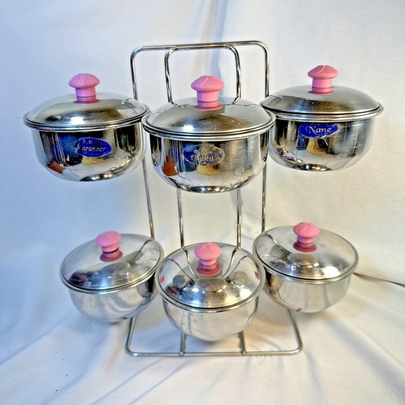 VTG Stainless Steel Turkish 4 Inch Spice Pots (6) with Lids in a Storage Rack